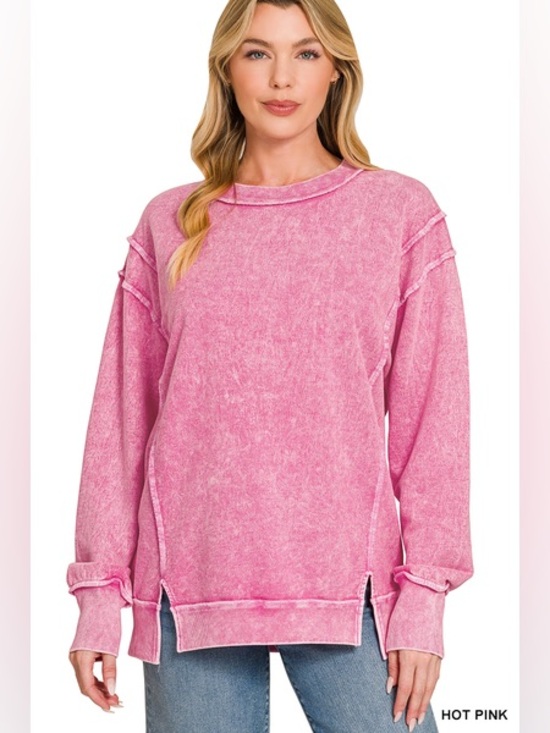 Zenana Outfitters Tops - Zenana Outfitters Hot Pink Mineral-Wash Pullover Sweatshirt